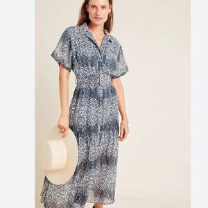 Anthropologie Lidy Navy and White Bohemian Print Dress